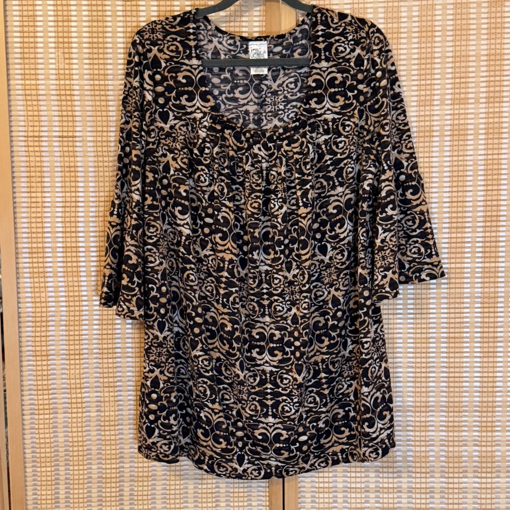 Just My Size JMS Womens 3X Tunic Top Warm Fudge Scroll Bell Sleeve Bohemian